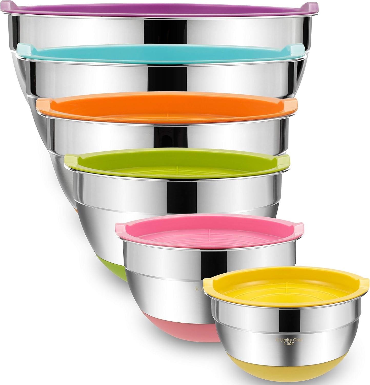 Umite Chef Mixing Bowls with Airtight Lids, 6 Piece Stainless Steel Metal Bowls, Measurement Marks & Colorful Non-Slip Bottoms Size 7, 3.5, 2.5, 2.0,1.5, 1QT, Great for Mixing & Serving