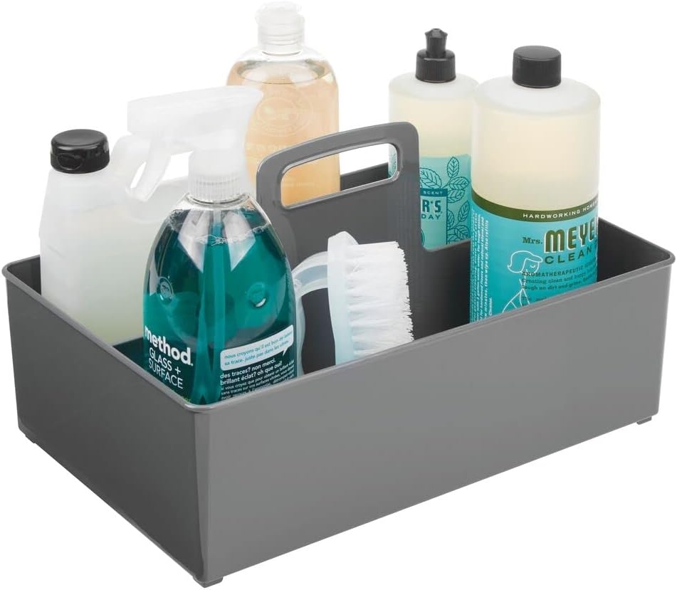 mDesign Large Plastic Divided Portable Storage Organizer Caddy Tote Basket Bin with Handle for Kitchen, Pantry, Countertop, Cabinet, Cupboard – Ligne Collection – Charcoal Gray